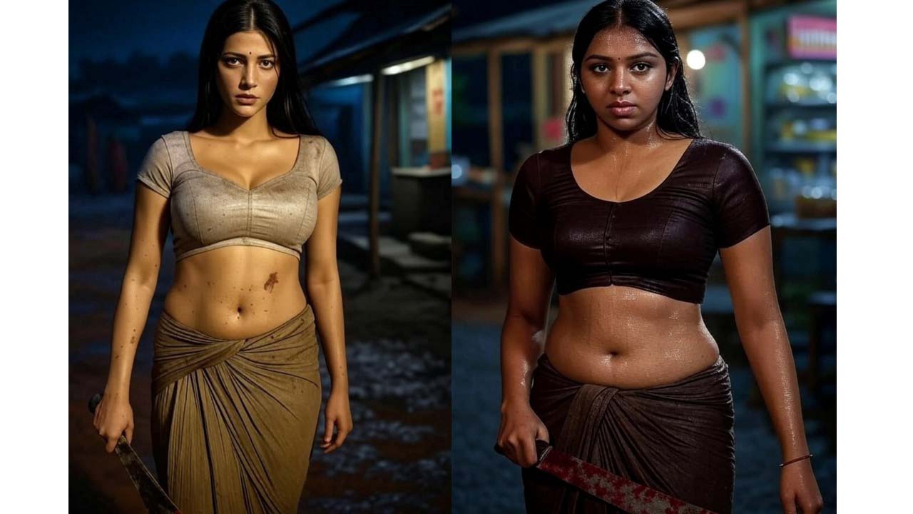 Tamil actress exposing wet navel and belly button in blouse and skirt AI photos..