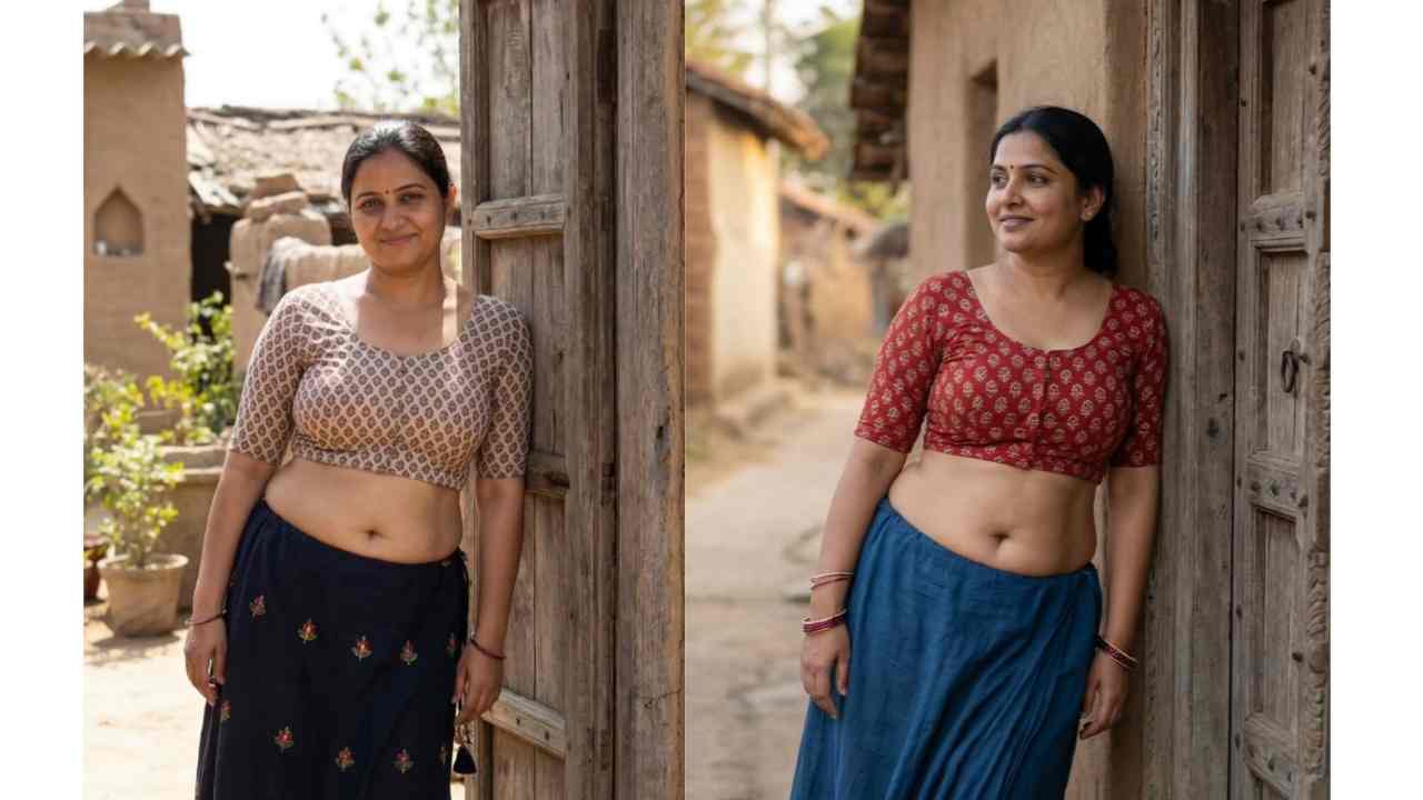 North indian aunty hot navel exposed in blouse & skirt..