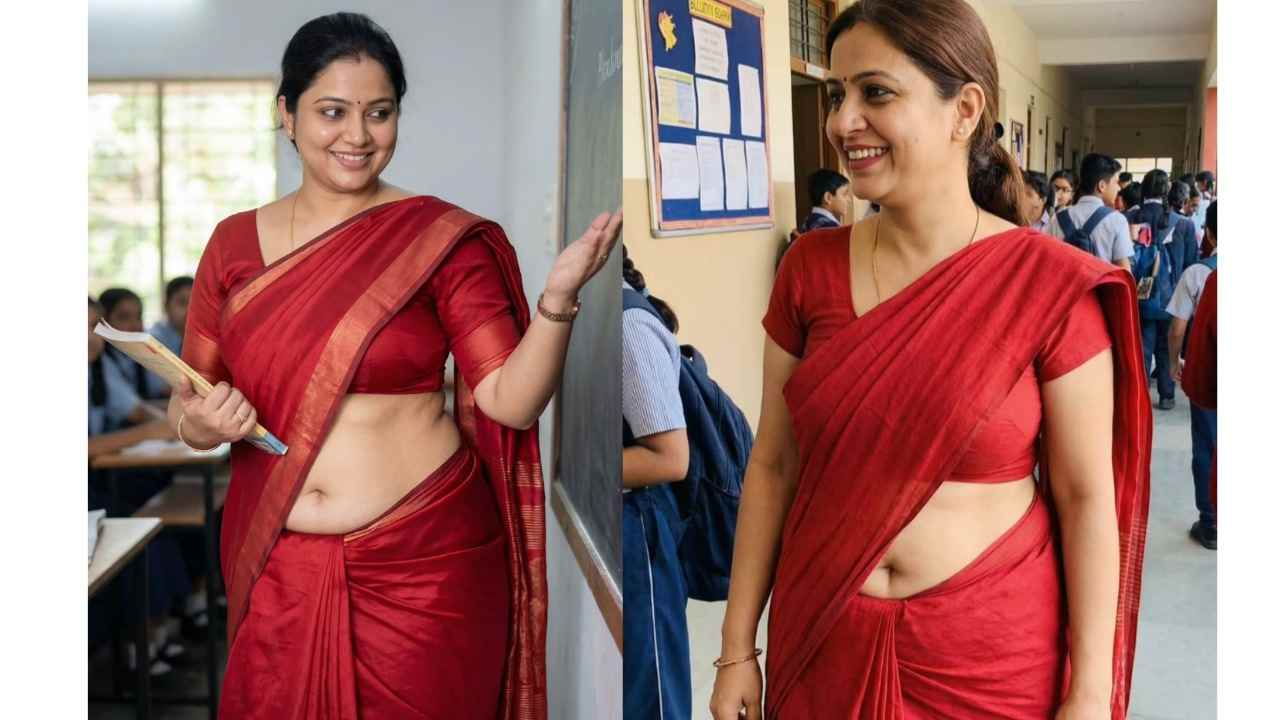 Cute teacher in saree exposing her navel & thoppul in class room..