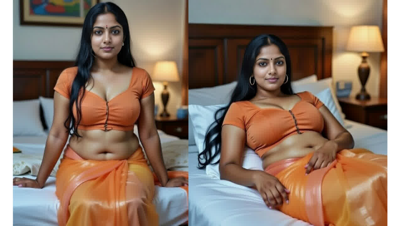 Orange saree tamil aunty hot cleavage & navel exposed photos..